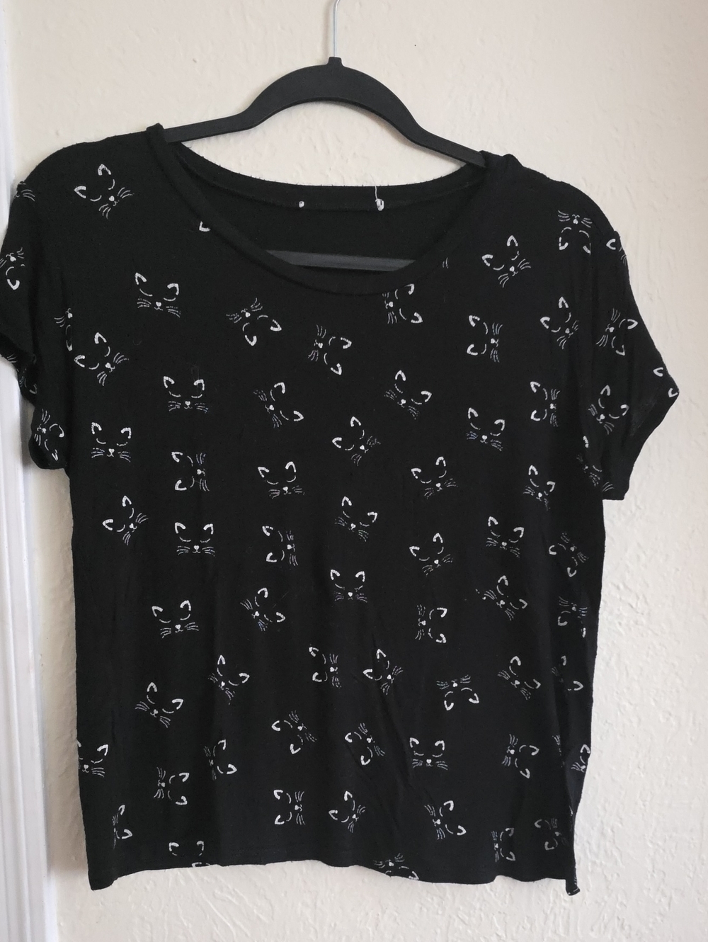 Justice Black Short Sleeve Tee with White Cat Faces